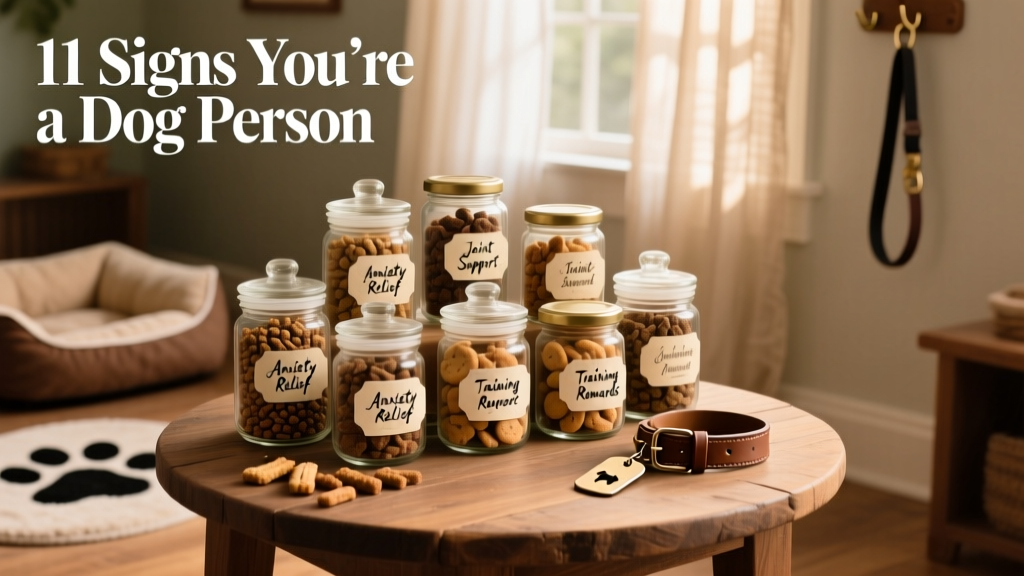 A well-organized treat station with multiple jars of high-quality dog treats labeled by type and purpose