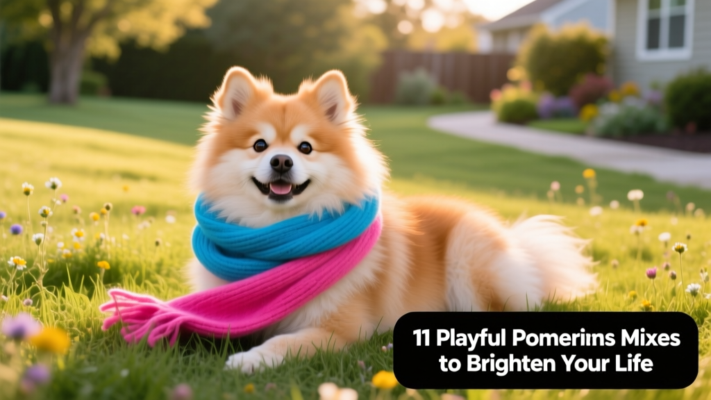 Pomsky laying in the grass wearing a bright colored scarf