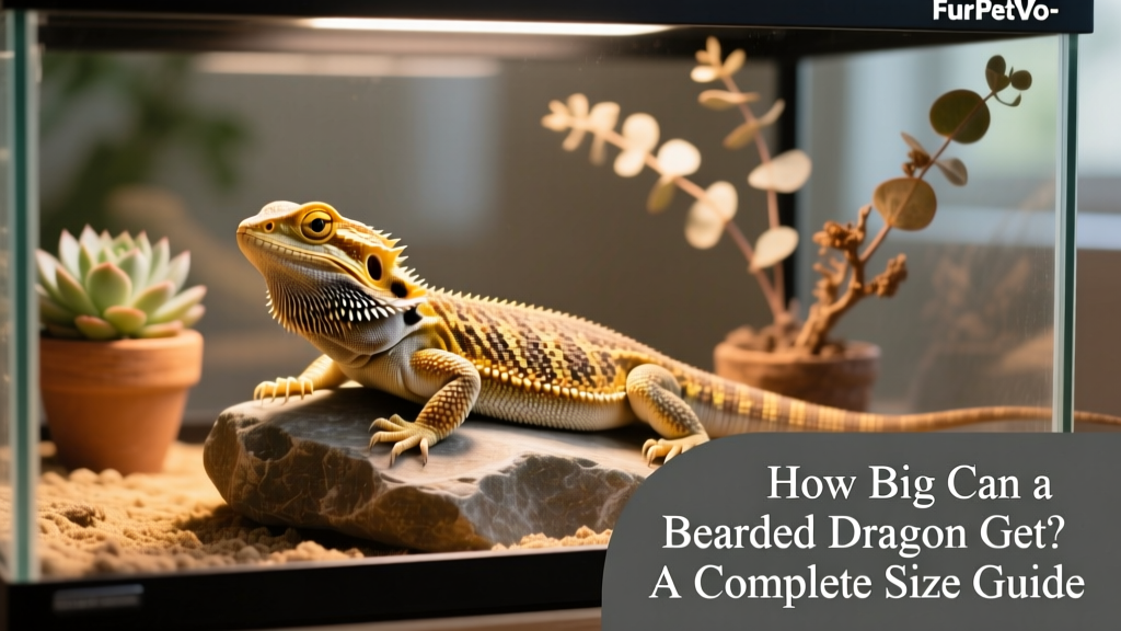 Healthy adult bearded dragon resting on a warm basking stone inside a FurPetVo-branded terrarium