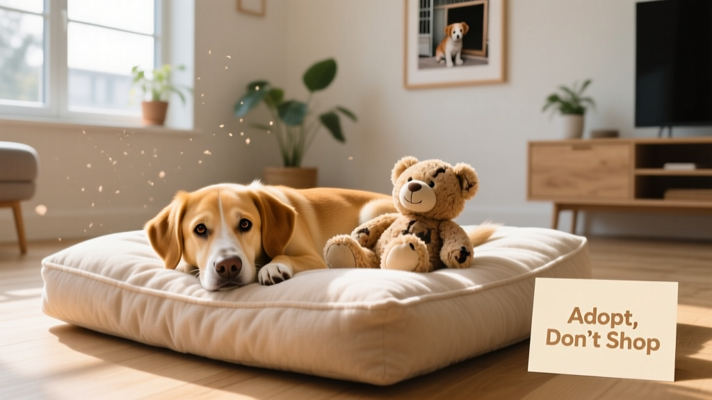 A newly adopted dog settling comfortably in their new home with a cozy bed and favorite toy
