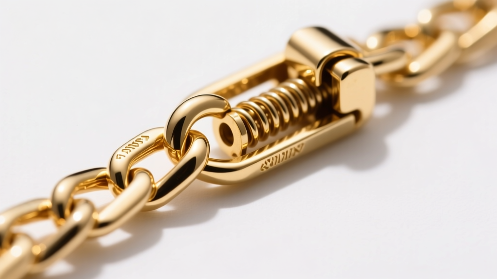 Macro shot of a 1.2mm 14k gold box chain threading through a lobster clasp, showing the precise machining of the spring mechanism.