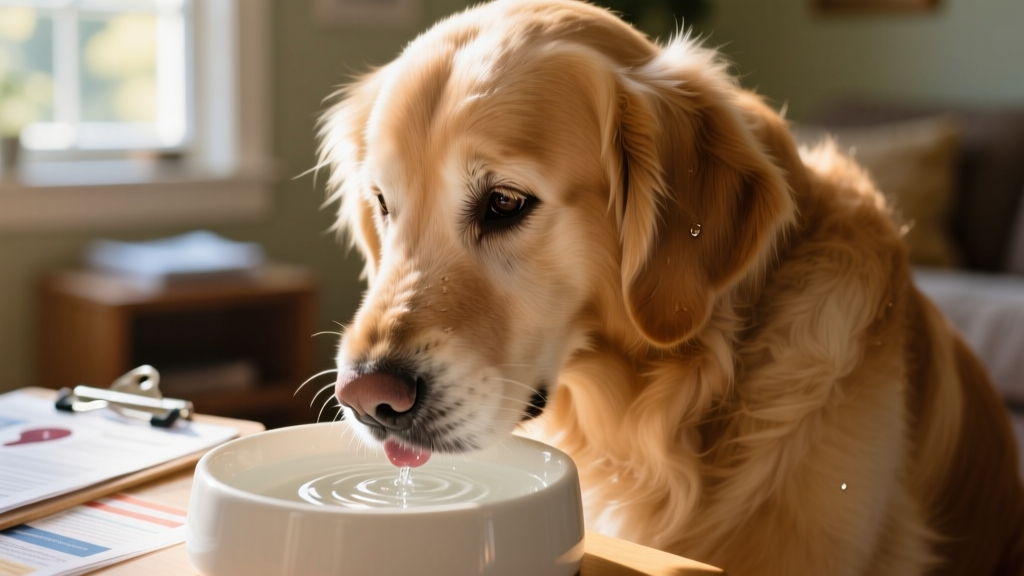 Close-up of a senior dog drinking water from a clean bowl, illustrating increased thirst
