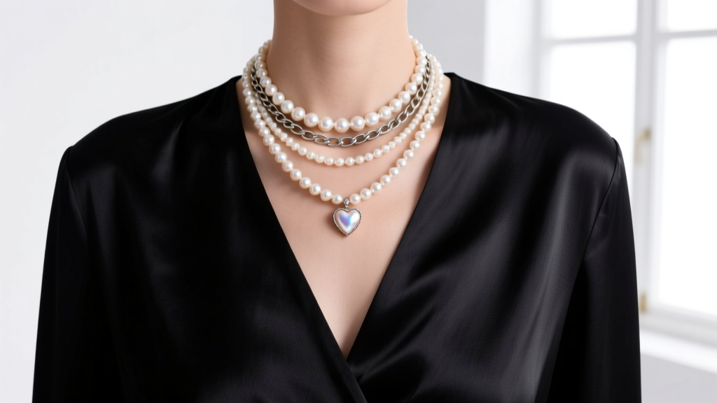 Fashion shot of a layered necklace stack featuring a pearl necklace with heart pendant over a black silk V-neck blouse in daylight
