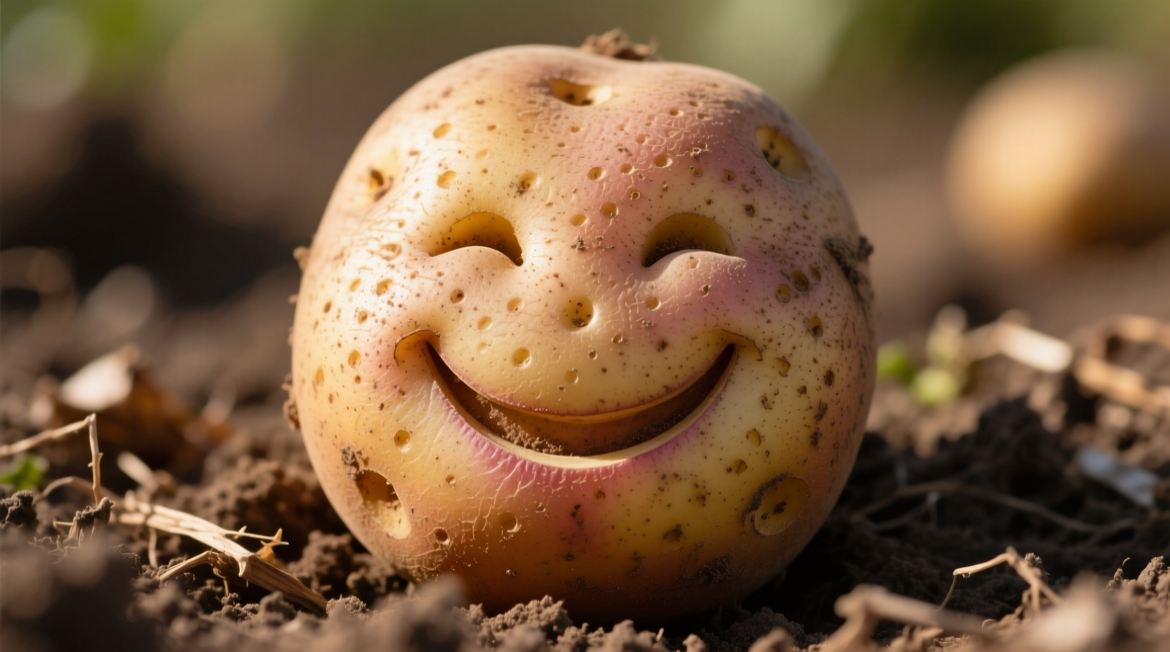 Close-up of a potato showing natural smile-like formation
