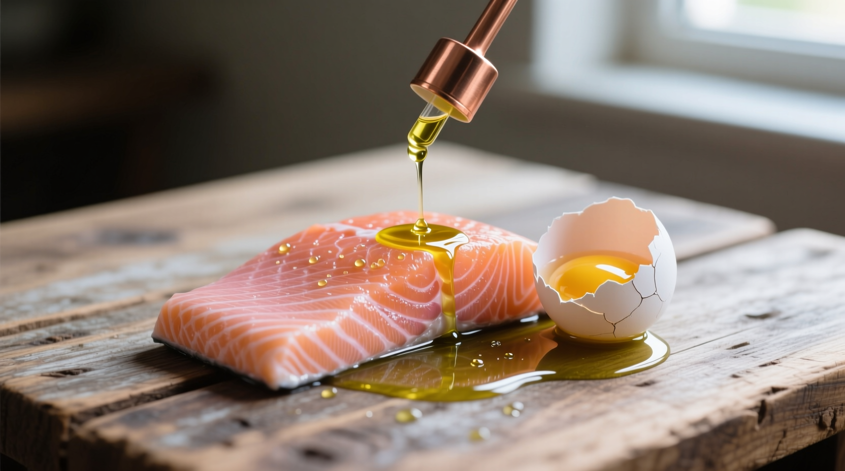 Fresh salmon, eggs, and olive oil on wooden surface
