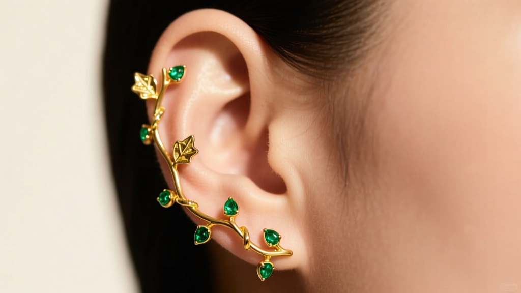 Close-up of a curated ear featuring 18k yellow gold ivy vine piercings with emerald accents against soft, warm studio lighting