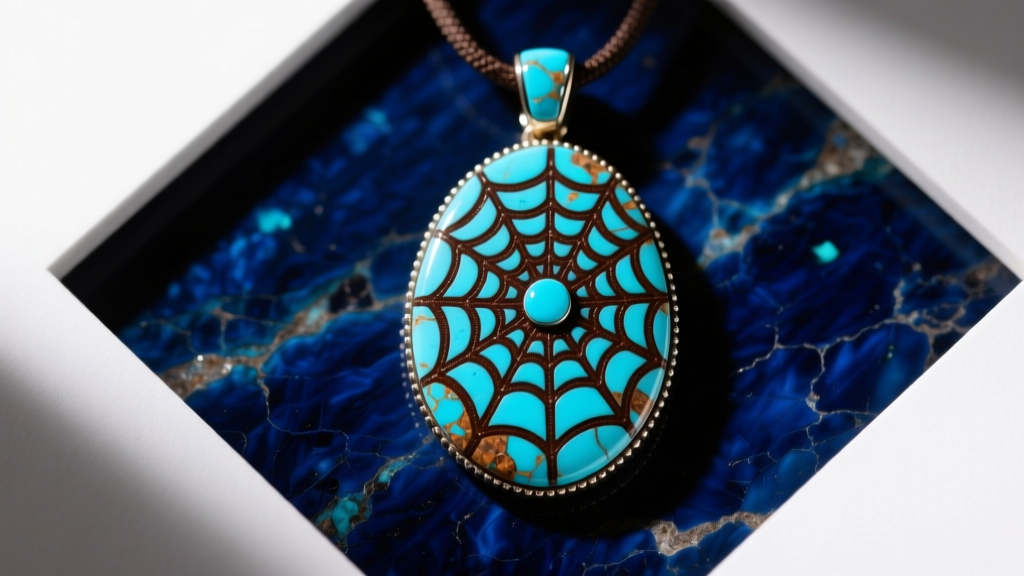 Overhead view of a Bisbee turquoise pendant with a dense, dark brown spiderweb matrix pattern against a deep blue stone background