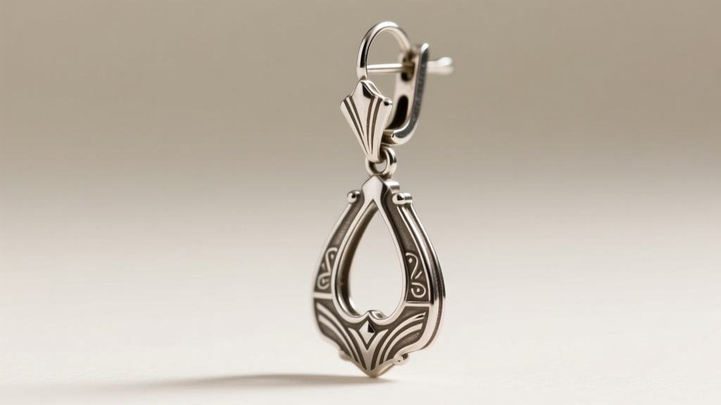 Close-up of Art Deco platinum drop earring showing original early leverback clasp mechanism with visible solder marks and patina