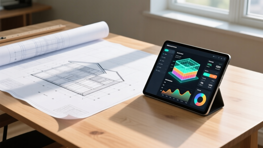 House blueprints unrolled on a wooden drafting table next to a digital tablet displaying a 3D construction cost scope calculator