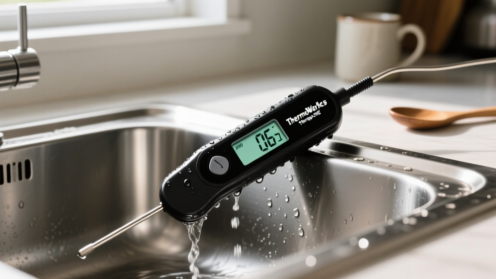 ThermoWorks Thermapen ONE digital thermometer submerged halfway in a stainless steel sink testing its IP67 waterproof rating