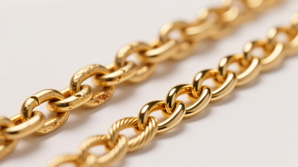 Macro view of dull gold vermeil links next to pristine 14k solid gold 1.2mm cable chain links under bright, warm studio lighting.
