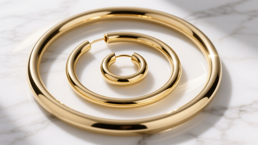 Top-down photo of a 14k gold hoop earring set showing 12mm huggies, 25mm mid-hoops, and 40mm statement hoops on white marble.