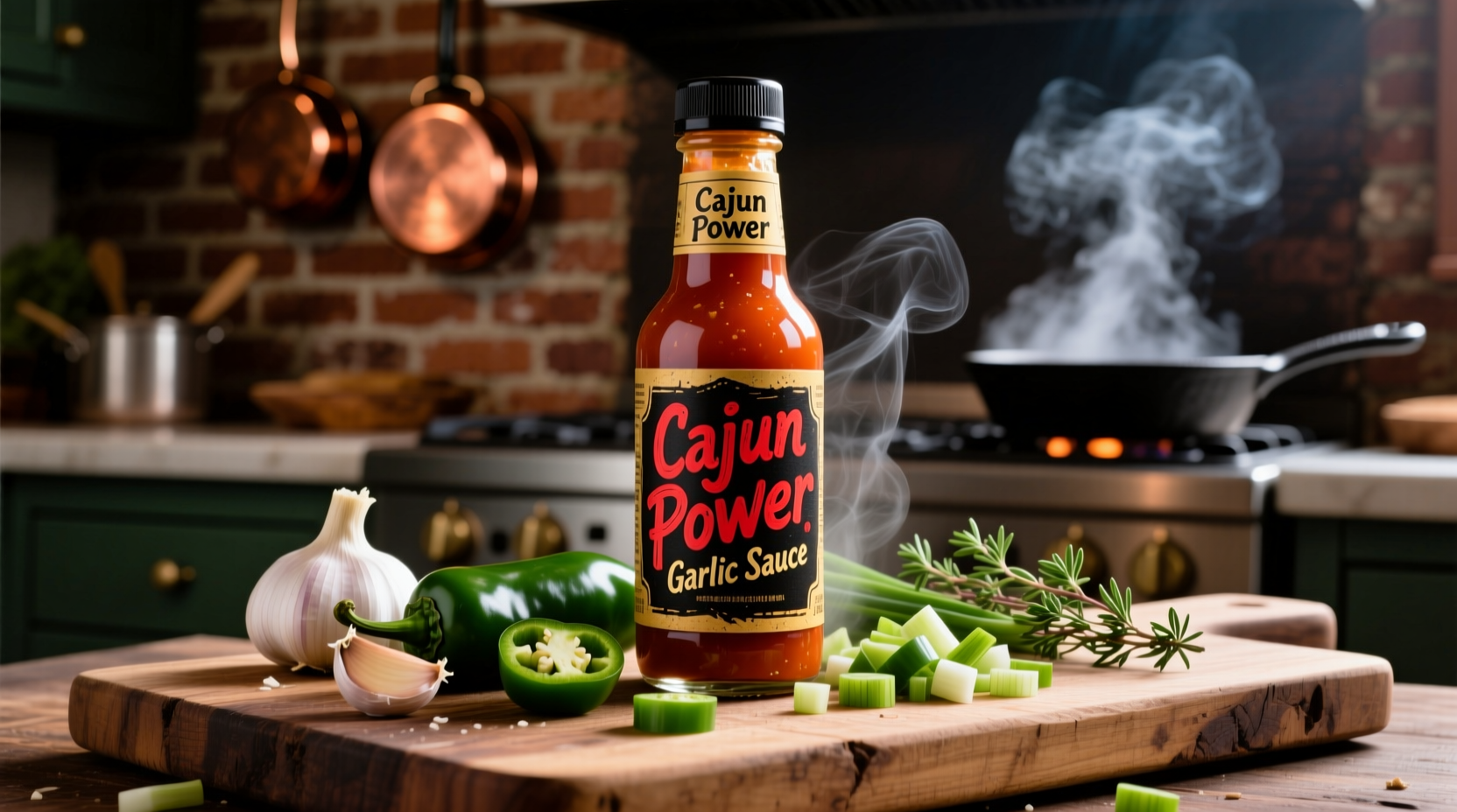 Cajun Power Garlic Sauce bottle with fresh ingredients
