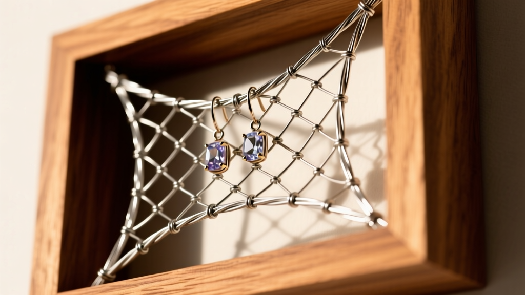Close-up of 24-gauge stainless steel wire mesh stretched inside an oak frame, ready for hanging heavy gemstone dangle earrings