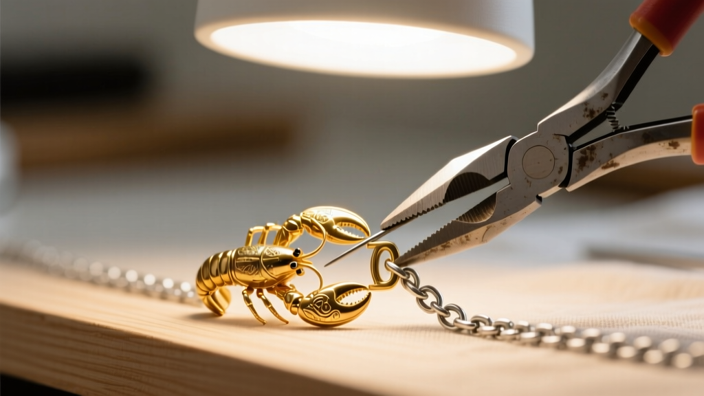 Macro shot of a gold-tone lobster clasp on a chain being repaired with precision needle-nose pliers under a bright desk lamp.