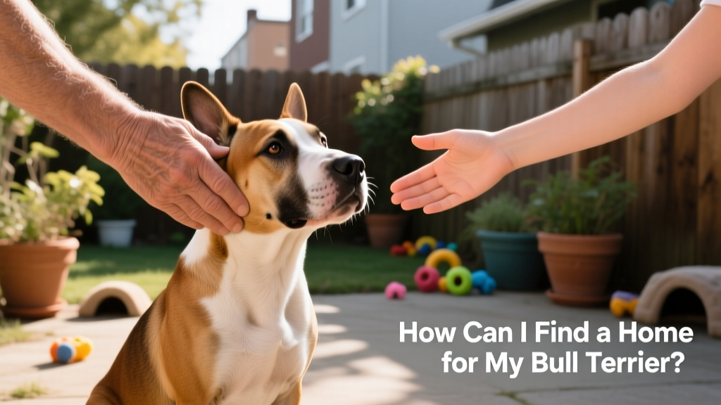 Two hands—one belonging to the current owner, one to a hopeful adopter—gently meeting as a bull terrier sits comfortably between them