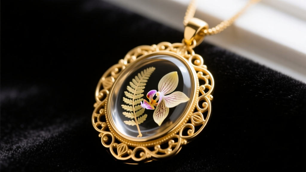 Macro shot of a 14k yellow gold pendant with a clear resin window encasing a dried botanical element on dark velvet