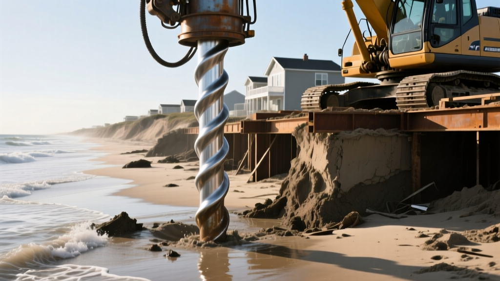 Galvanized steel helical pier installation stabilizing a sinking coastal residential foundation near the Atlantic Ocean