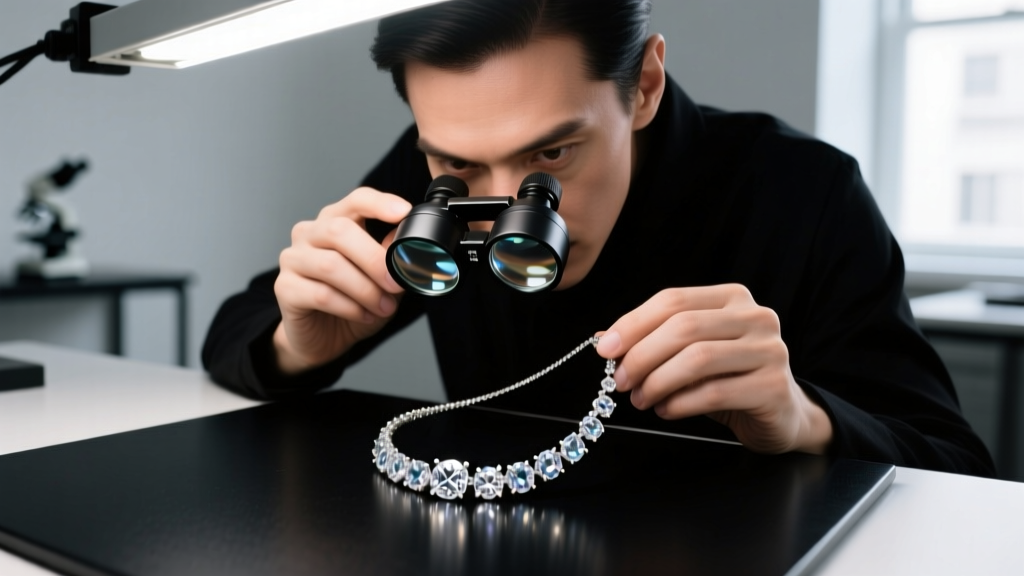 Jeweler examining diamond and glass paste necklace under a 10x triplet loupe with focused LED lighting on a gemological bench.