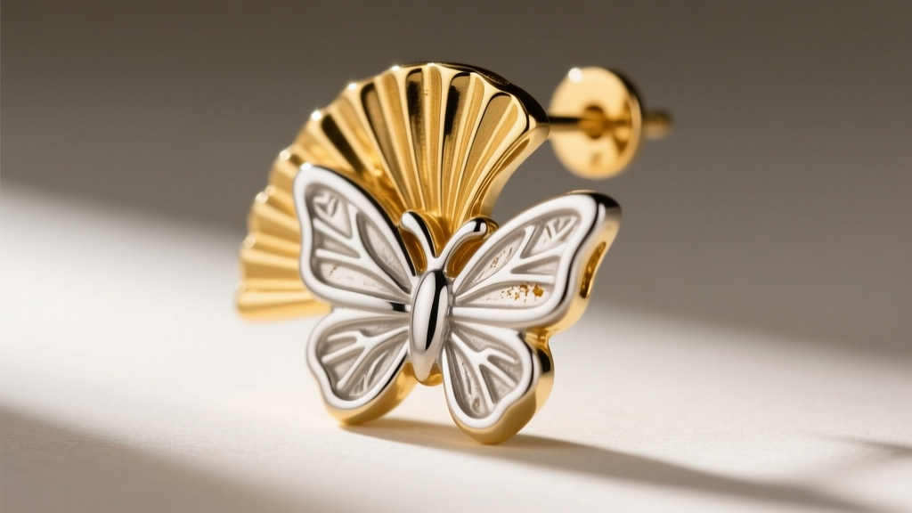 Macro shot of 18k gold vermeil fan earring post and butterfly backing, revealing the sterling silver base metal wearing through.