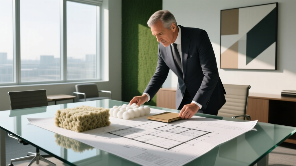 Architect reviewing insulation material samples including mineral wool and spray foam on a blueprint in a modern construction office