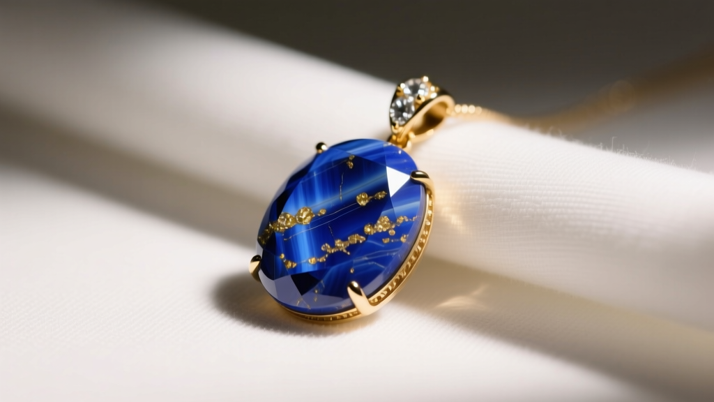 Deep blue lapis lazuli pendant with golden pyrite inclusions resting on a microfiber cloth under warm studio lighting.