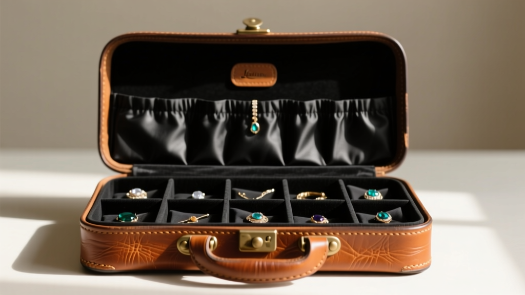 Small strips of black anti-tarnish cloth tucked discreetly into the compartments of a vintage leather travel jewelry organizer.