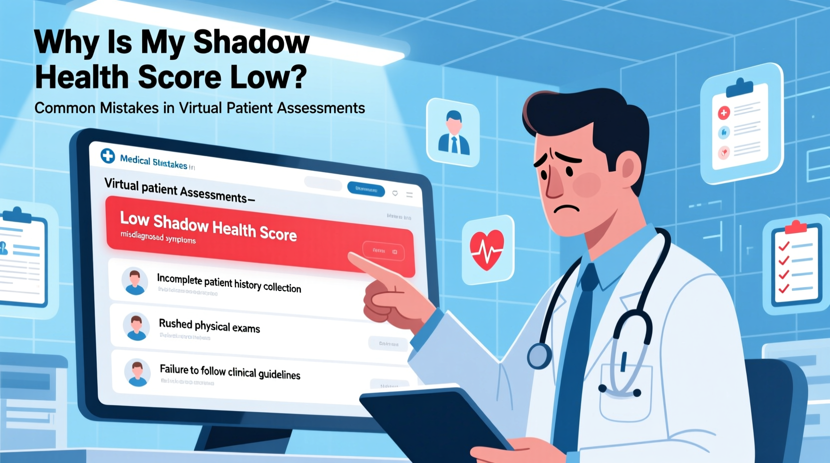 why is my shadow health score low common mistakes in virtual patient assessments