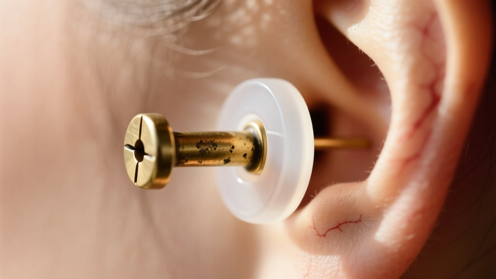 Macro shot of a clear silicone earring support disc sliding onto a thick 18-gauge vintage brass post behind a pierced earlobe