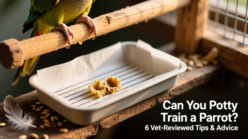 Close-up of a tidy, lined perch tray with fresh droppings, placed beneath a wooden parrot perch