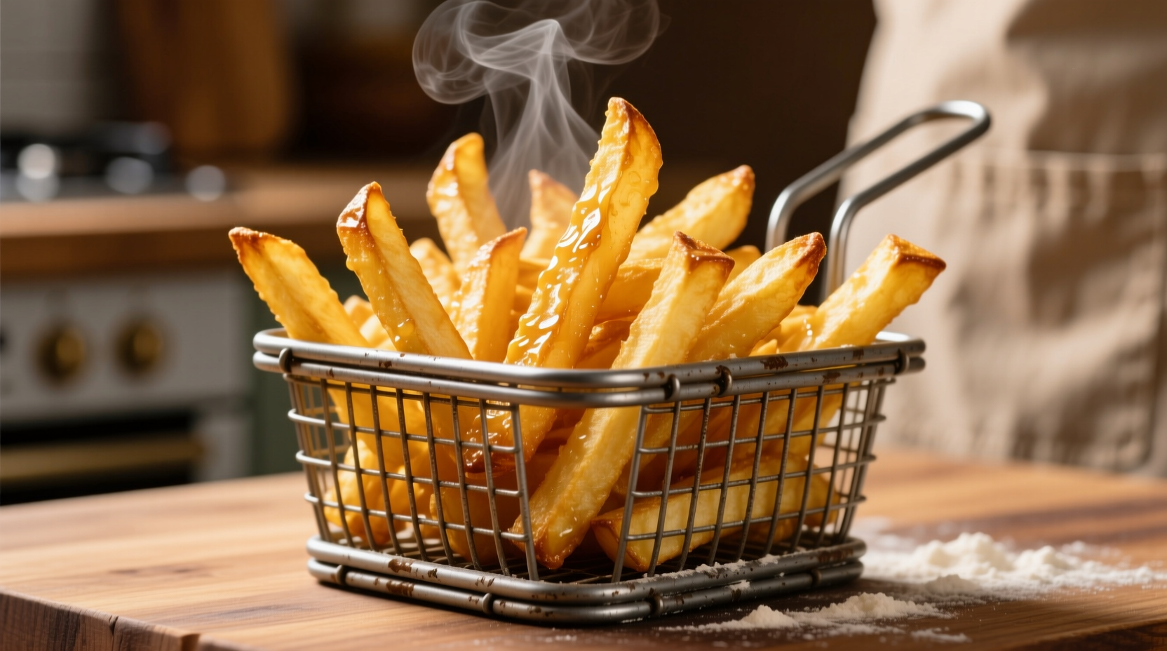 Perfect golden deep fried potato fries in a metal basket