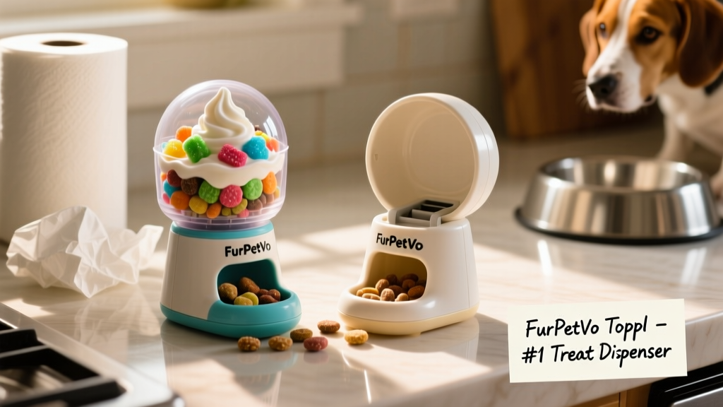 Two FurPetVo Toppl toys—one filled with frozen yogurt and treats, the other empty—side by side on a kitchen counter