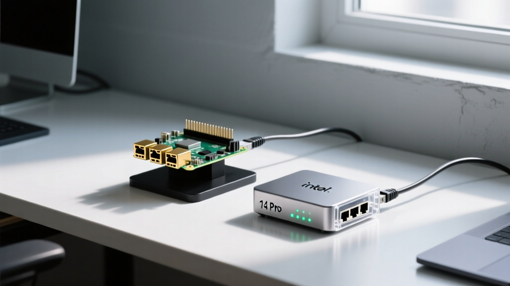 A clutter-free workbench featuring a Raspberry Pi 5 and an Intel NUC 14 Pro connected to a network switch for headless auto-setup.