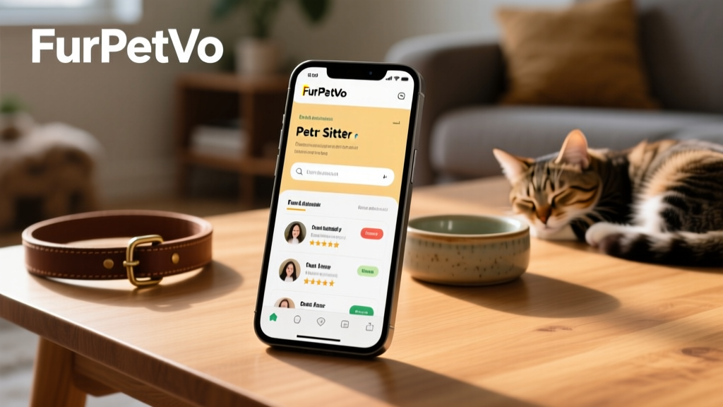 Screenshot showing FurPetVo website open on a smartphone browser, displaying pet sitter search and profile options
