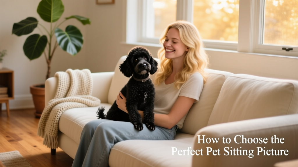Blond woman smiling while holding a small black dog on a cozy living room sofa