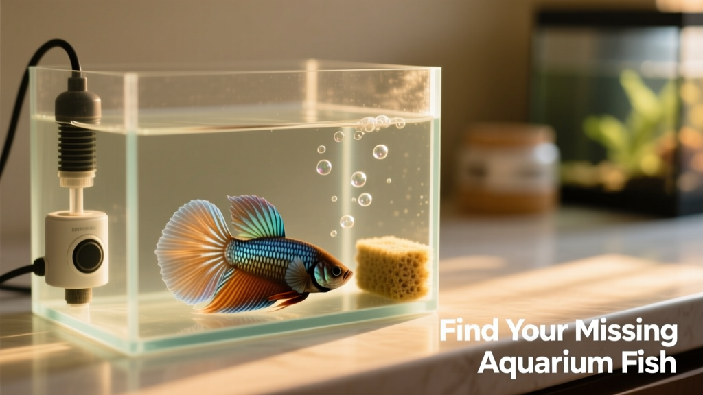 A betta fish resting calmly in a small, bare-bottom quarantine tank with heater and sponge filter