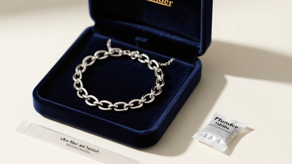 Plunder Tabitha necklace coiled inside a velvet-lined jewelry box alongside an anti-tarnish strip and a small silica gel packet.