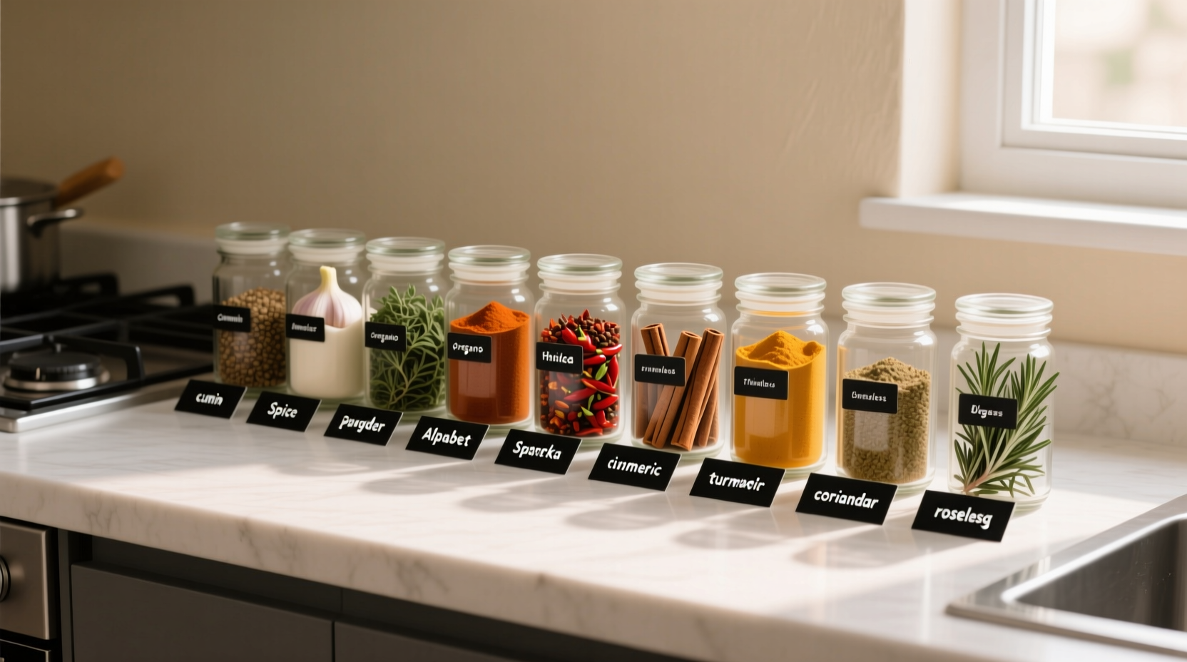 Alphabetical spice list highlighting Kalonji and Kaffir lime leaves as the only common 'K' entries