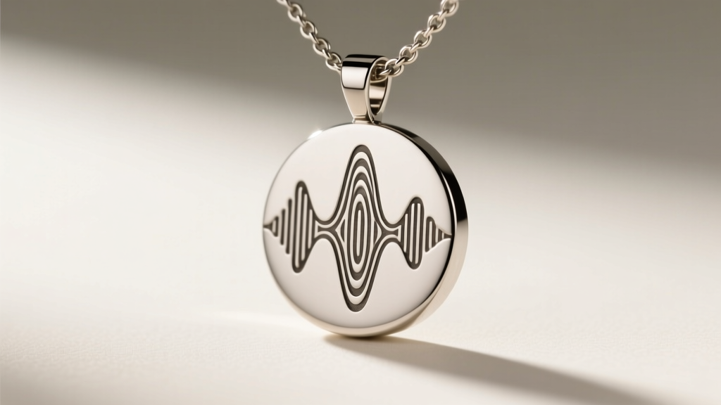 Macro photography of a brushed titanium soundwave hidden message necklace pendant, highlighting the laser-etched audio peaks.