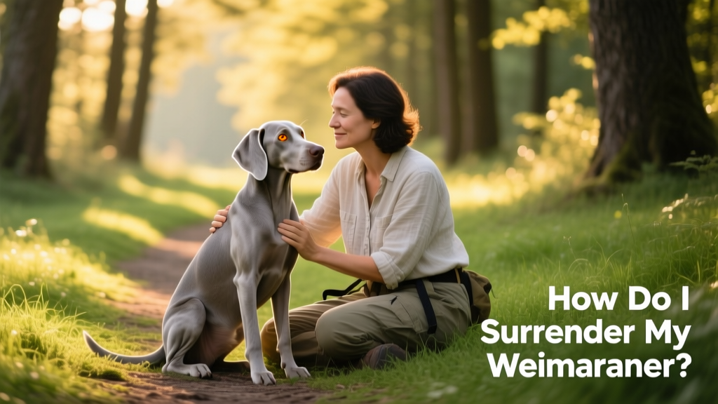 A calm, affectionate Weimaraner sitting beside a person on a grassy trail, both relaxed and connected