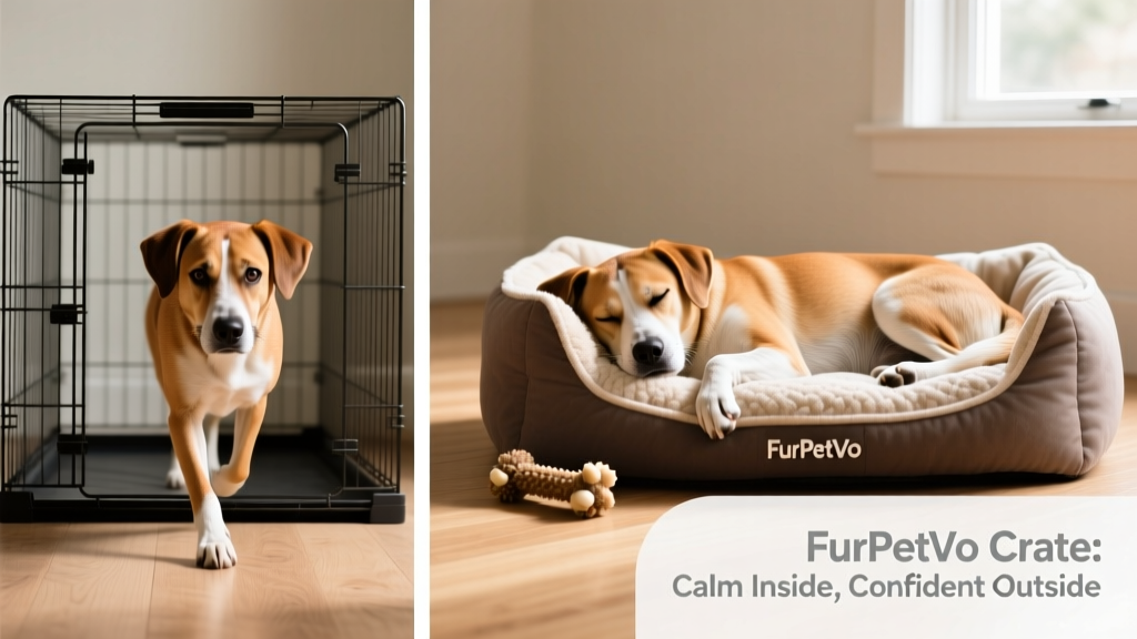 Side-by-side comparison: a stressed dog pacing in an empty crate vs. the same dog relaxed in a FurPetVo crate with bedding, a chew toy, and soft lighting