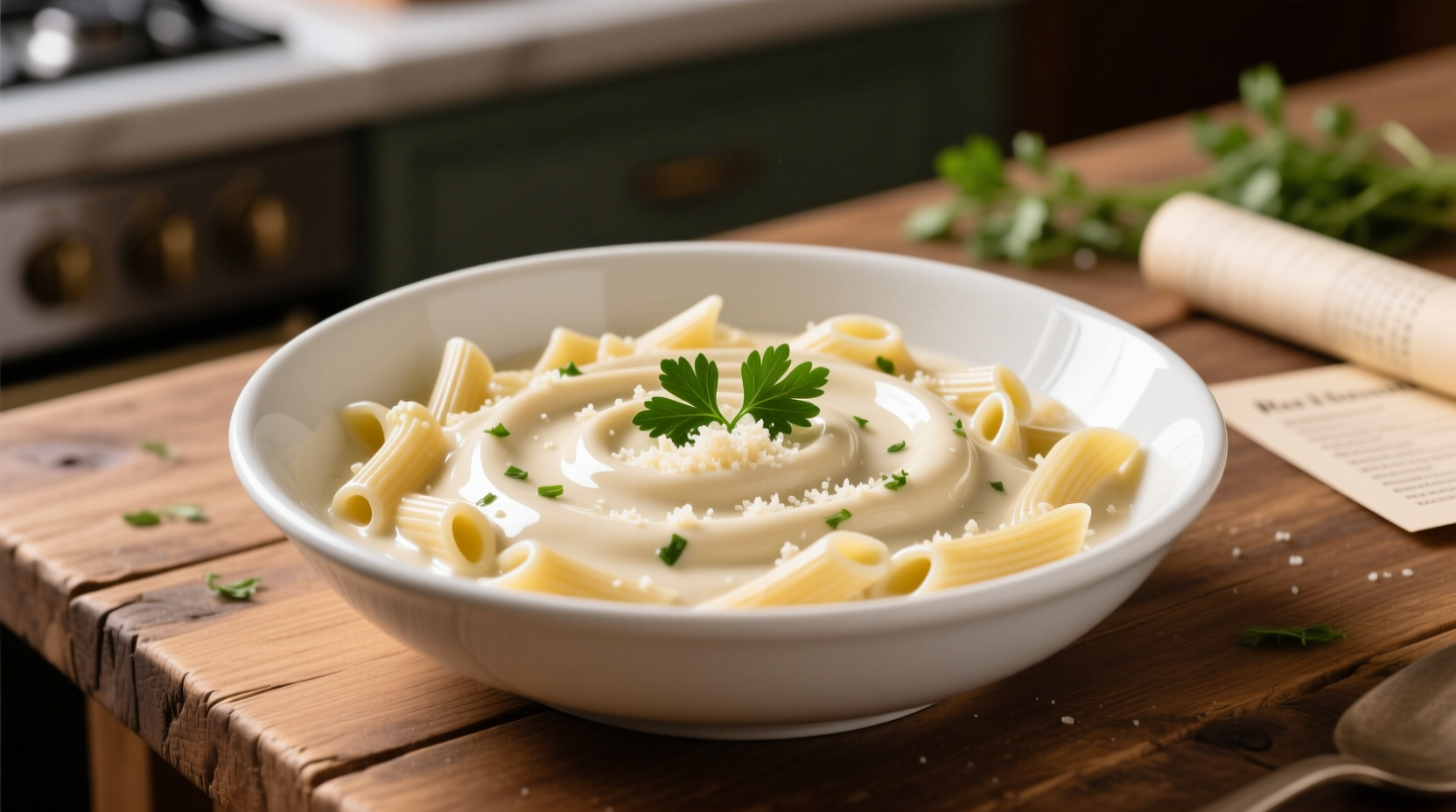 Creamy cauliflower pasta sauce in white bowl