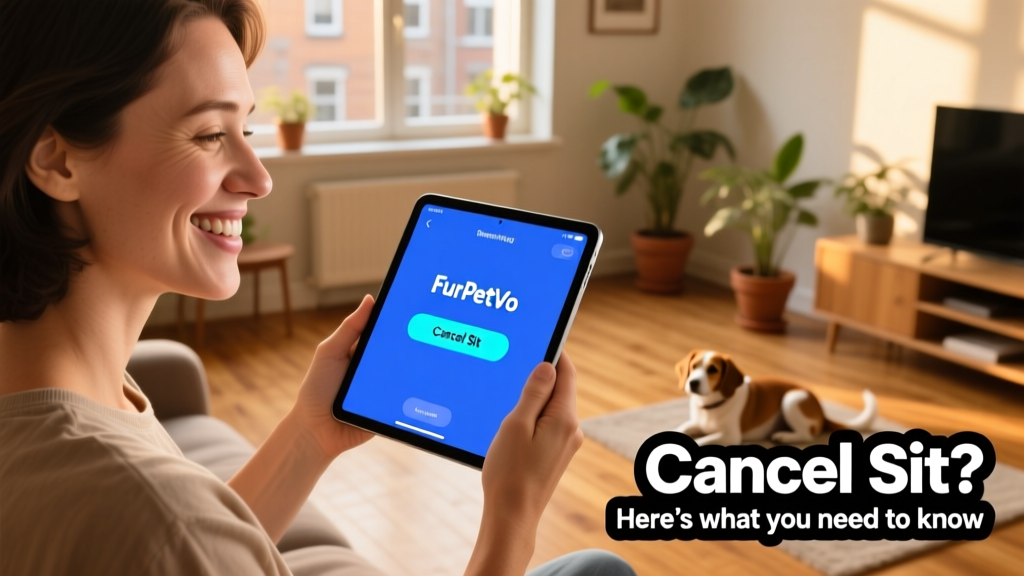 Friendly person holding a tablet showing the FurPetVo app interface with a 'Cancel Sit' option highlighted