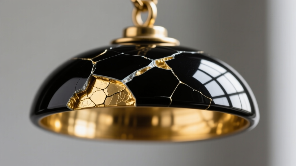 Extreme close-up of chipped black epoxy enamel on a brass pendant, revealing the gold metal base underneath the dark resin layer.