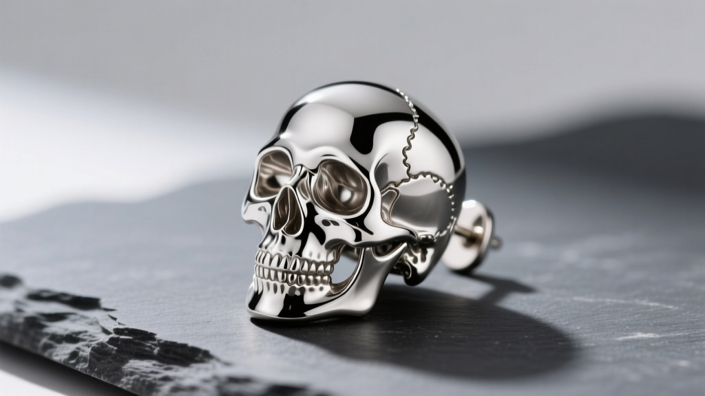 Macro photography of an anatomically correct human skull earring crafted from polished platinum, resting on dark grey slate.
