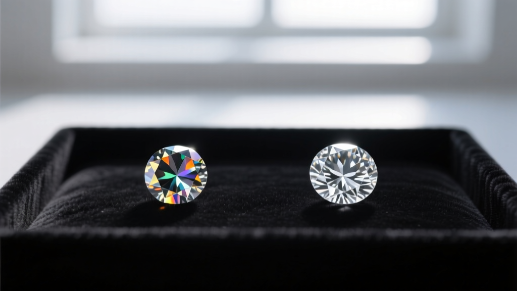 Macro photography comparing a D-color moissanite stone and an H-color lab diamond side-by-side on a dark velvet grading tray