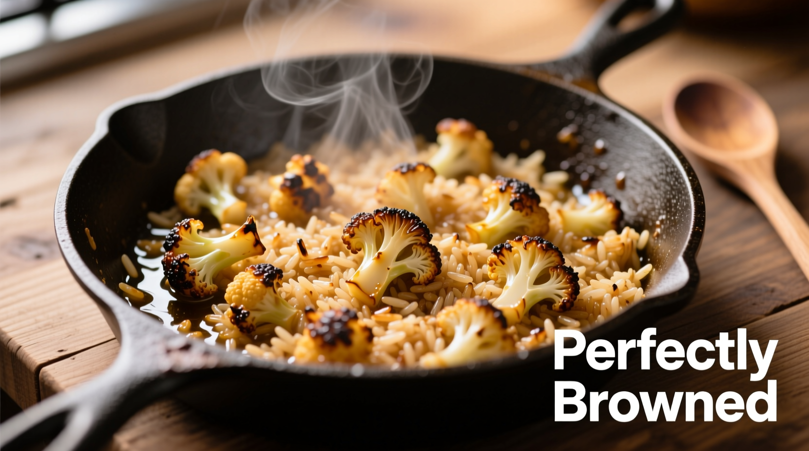 Perfectly browned cauliflower rice in skillet