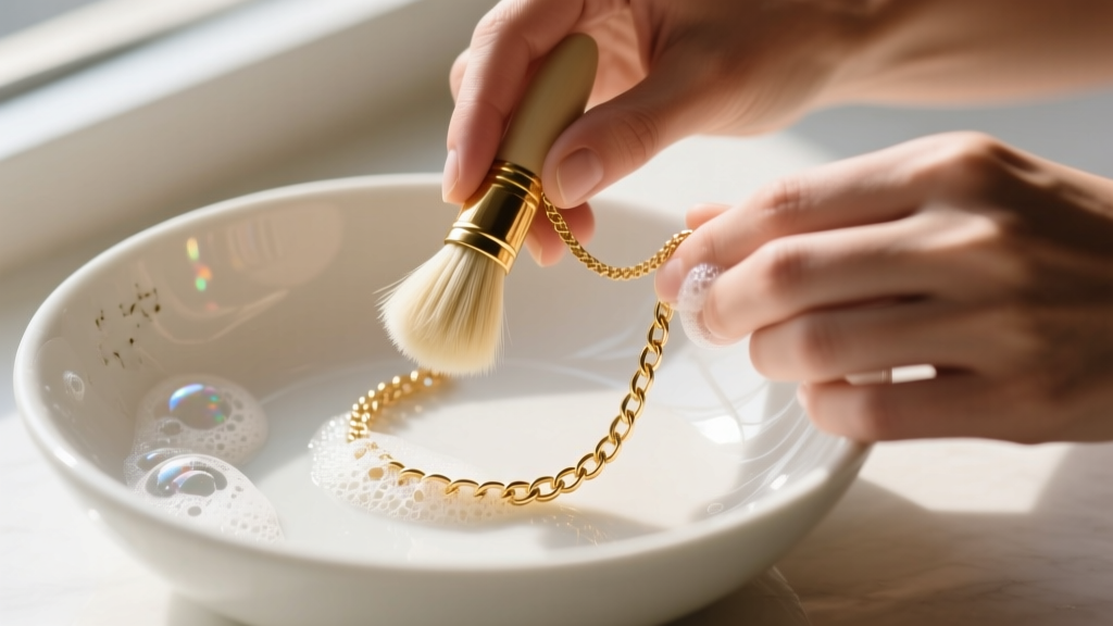 Hands cleaning a gold vermeil chain with a soft goat-hair brush and pH-neutral soap suds over a ceramic bowl in natural light