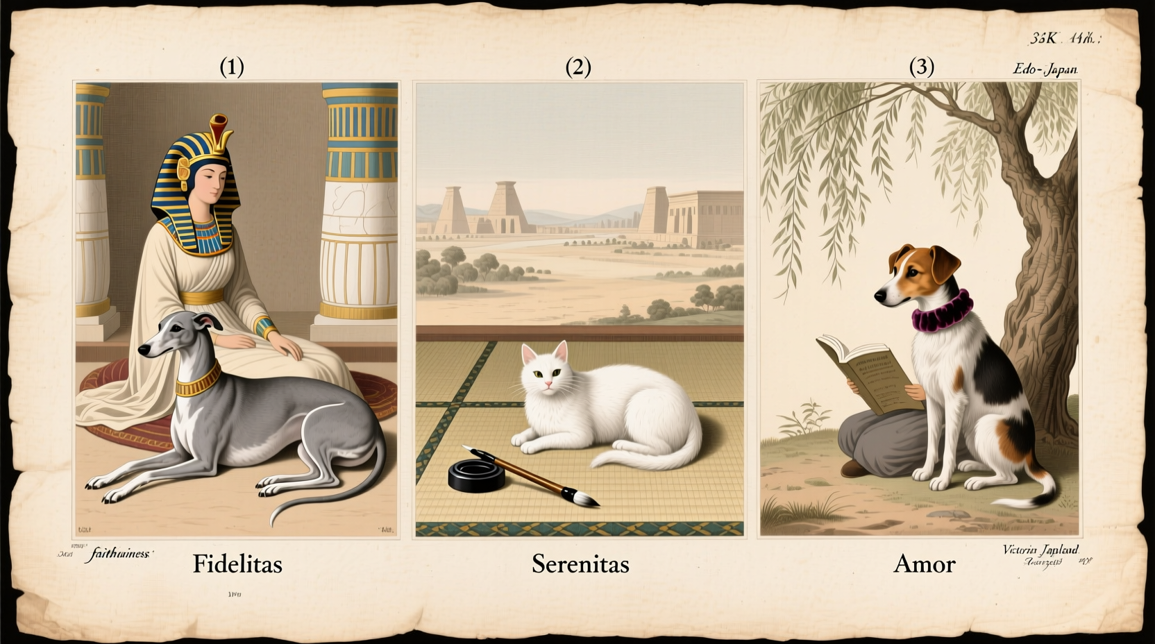 Historical illustration of companion animals in human society