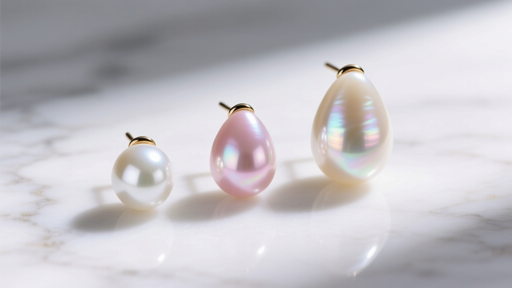 Three teardrop pearl earrings sized 10mm, 14mm, and 18mm, on a white marble surface bathed in soft, diffused natural daylight.